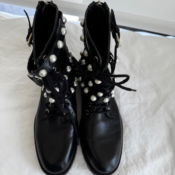 Zara Pearl Embellished Authentic Leather Black Biker Ankle Boots - Picture 9 of 13